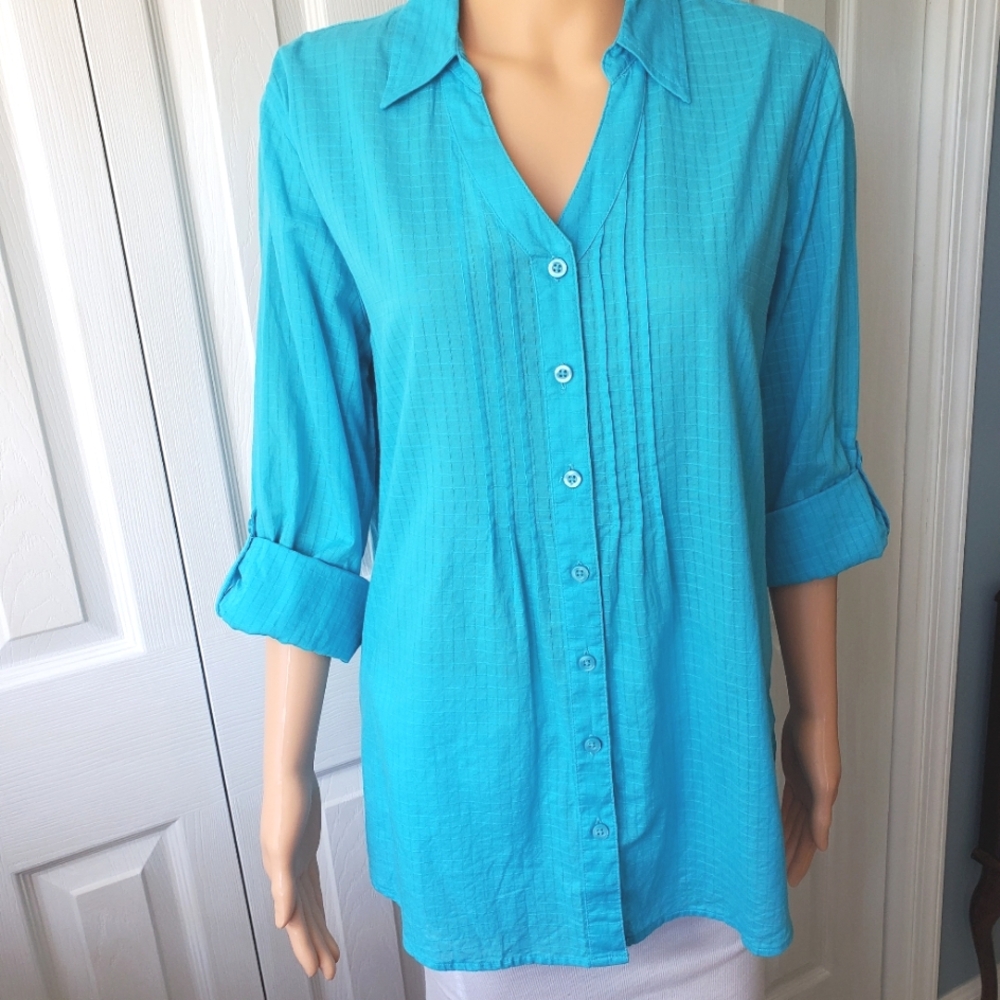 White Stag Woman's Long Sleeve Aqua Blue Button Up Top Sz L Summer Casual
